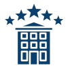 Building with lots of windows and five stars blue icon