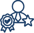 Certification badge, star, and person wearing tie blue icon