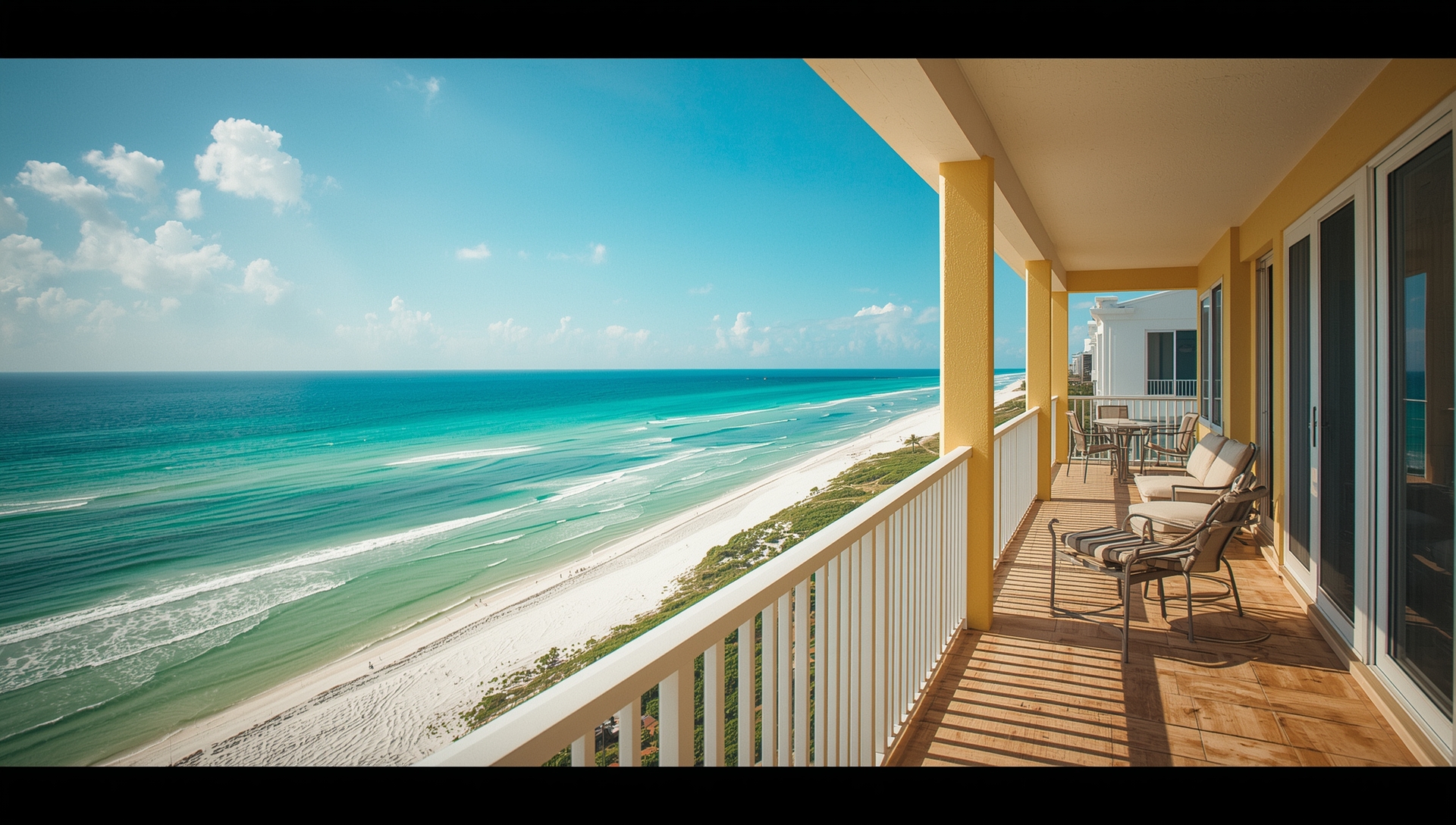 Realistic photo of an oceanfront vacation home on Anna Maria Island with a balcony overlooking the Gulf and bright coastal scenery.